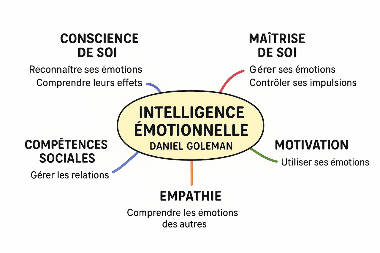 Illustration simplifiée de l'intelligence émotionnelle selon Goleman : conscience de soi, maîtrise de soi, compétences sociales, motivation et empathie