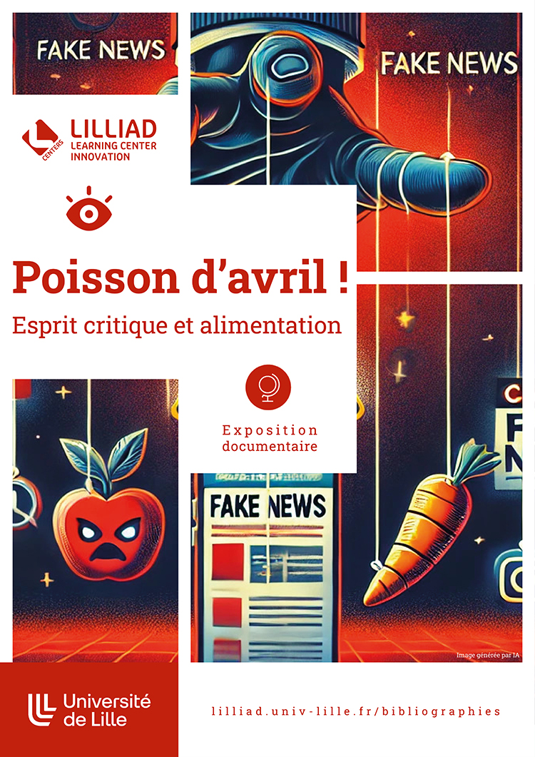 Affiche de l'exposition documentaire Poisson d'avril comprenant une main tenant des fils de marionettes une tomate, une carotte et un téléphone portable